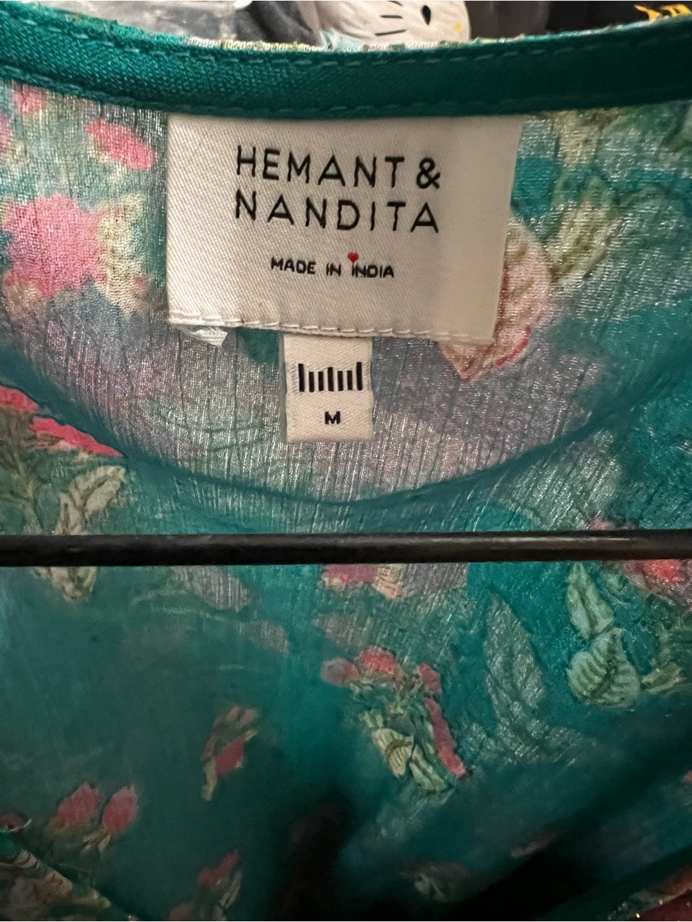 HEMANT & NANDITA Teal Floral V-Neck Long Sleeve Dress with Pink Accents - Picture 5 of 5